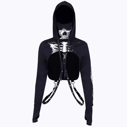 Hoodies Women Black Skeleton Print