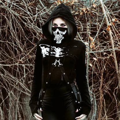 Hoodies Women Black Skeleton Print